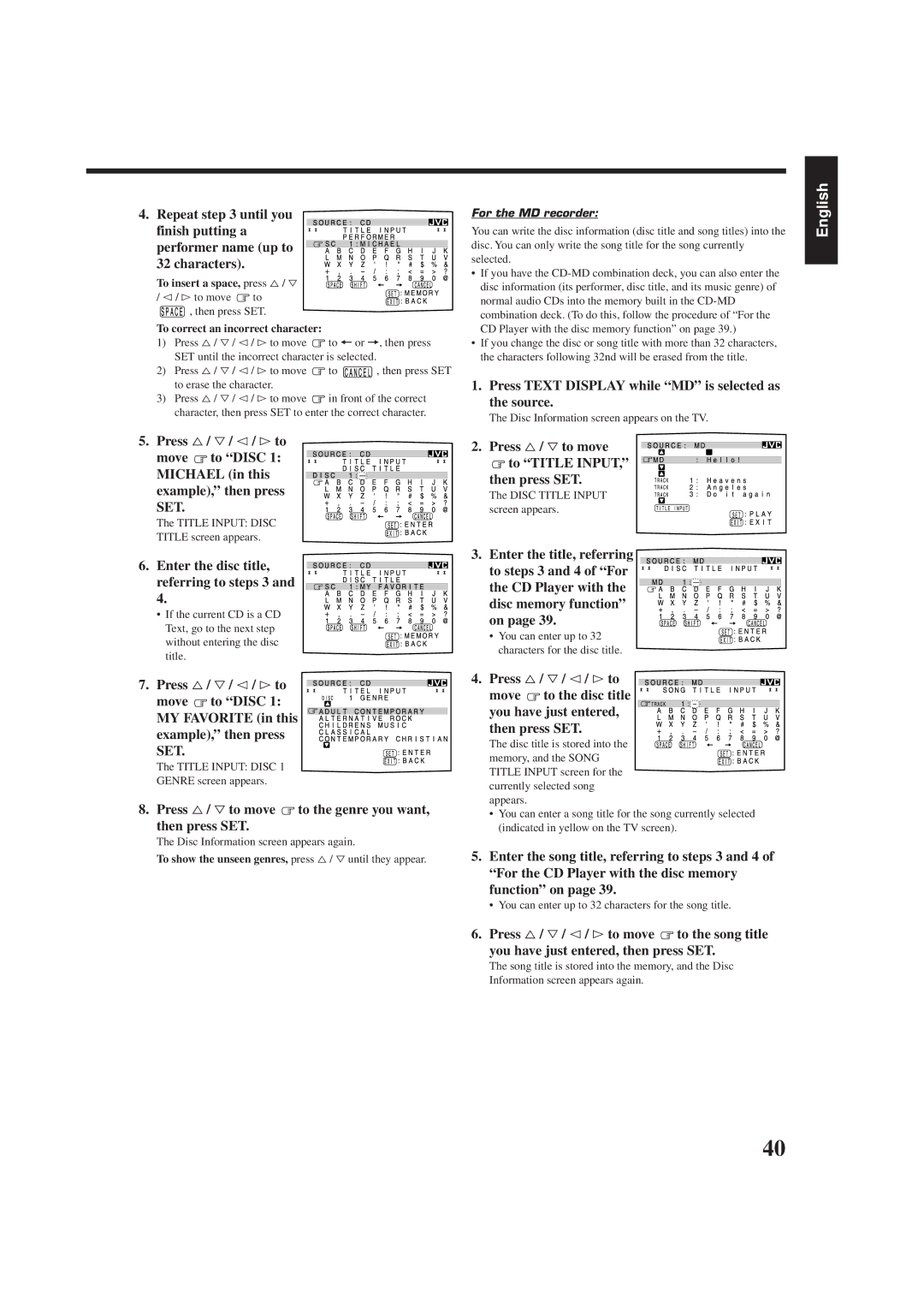 JVC RX-7001PGD manual Press Text Display while MD is selected as the source, Enter the disc title Referring to steps 3 