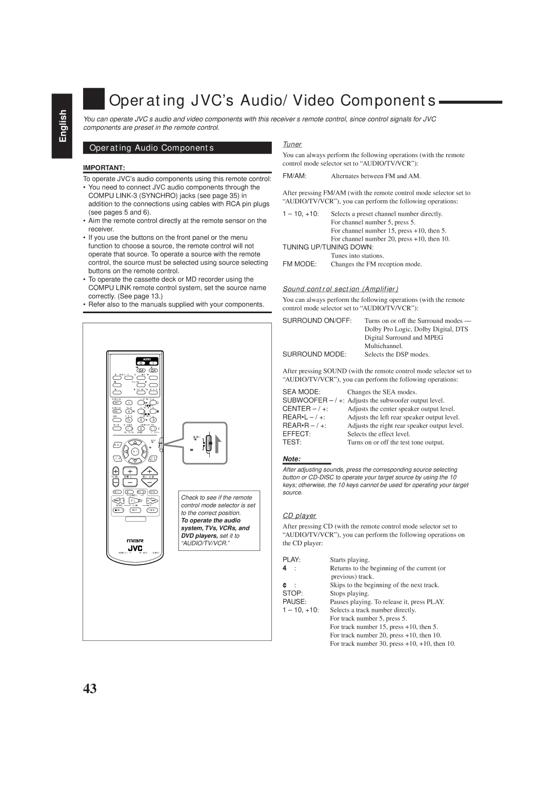 JVC RX-7001PGD Operating JVC’s Audio/Video Components, Operating Audio Components, Tuner, Sound control section Amplifier 