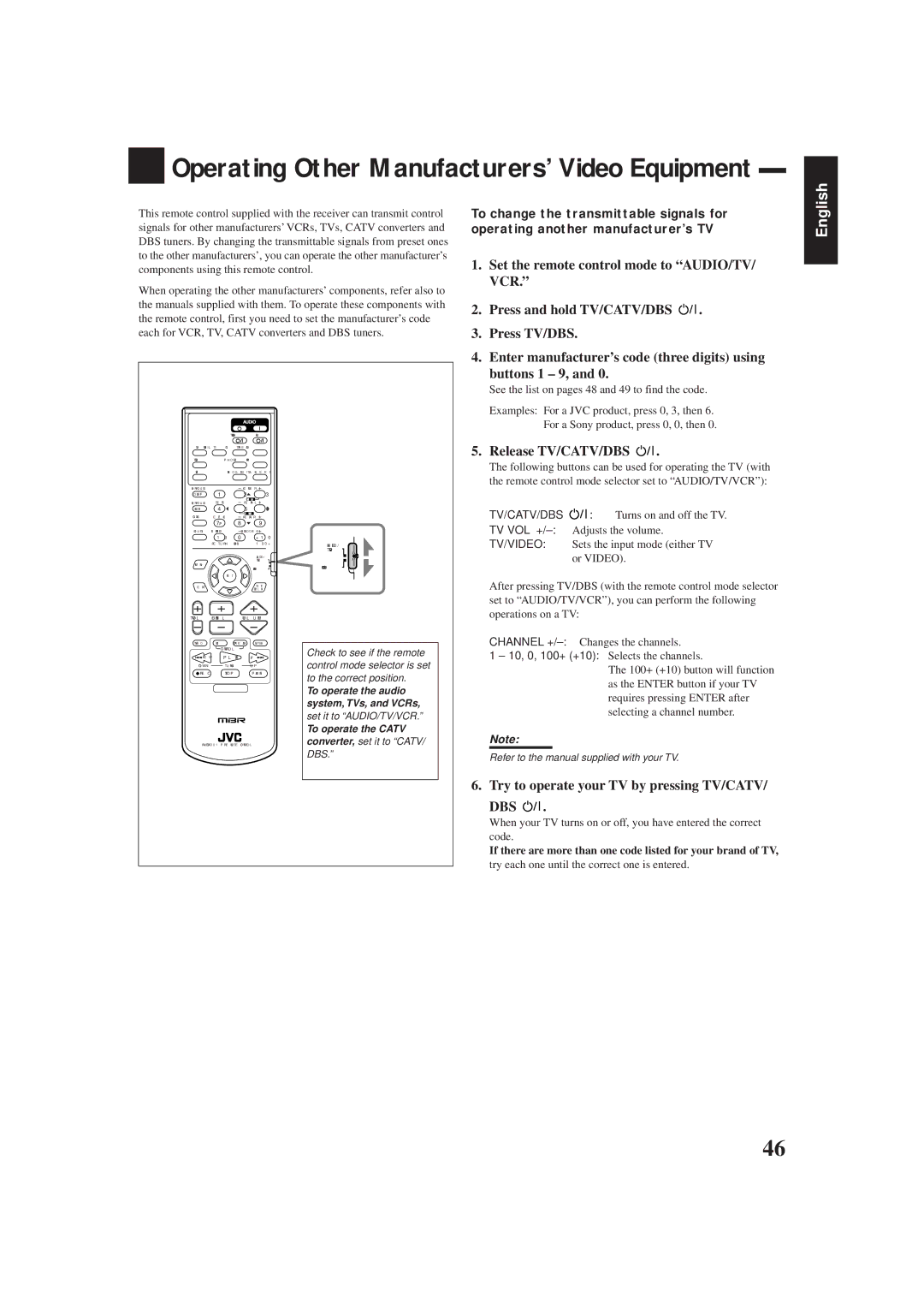 JVC RX-7001PGD manual Operating Other Manufacturers’ Video Equipment, Release TV/CATV/DBS 