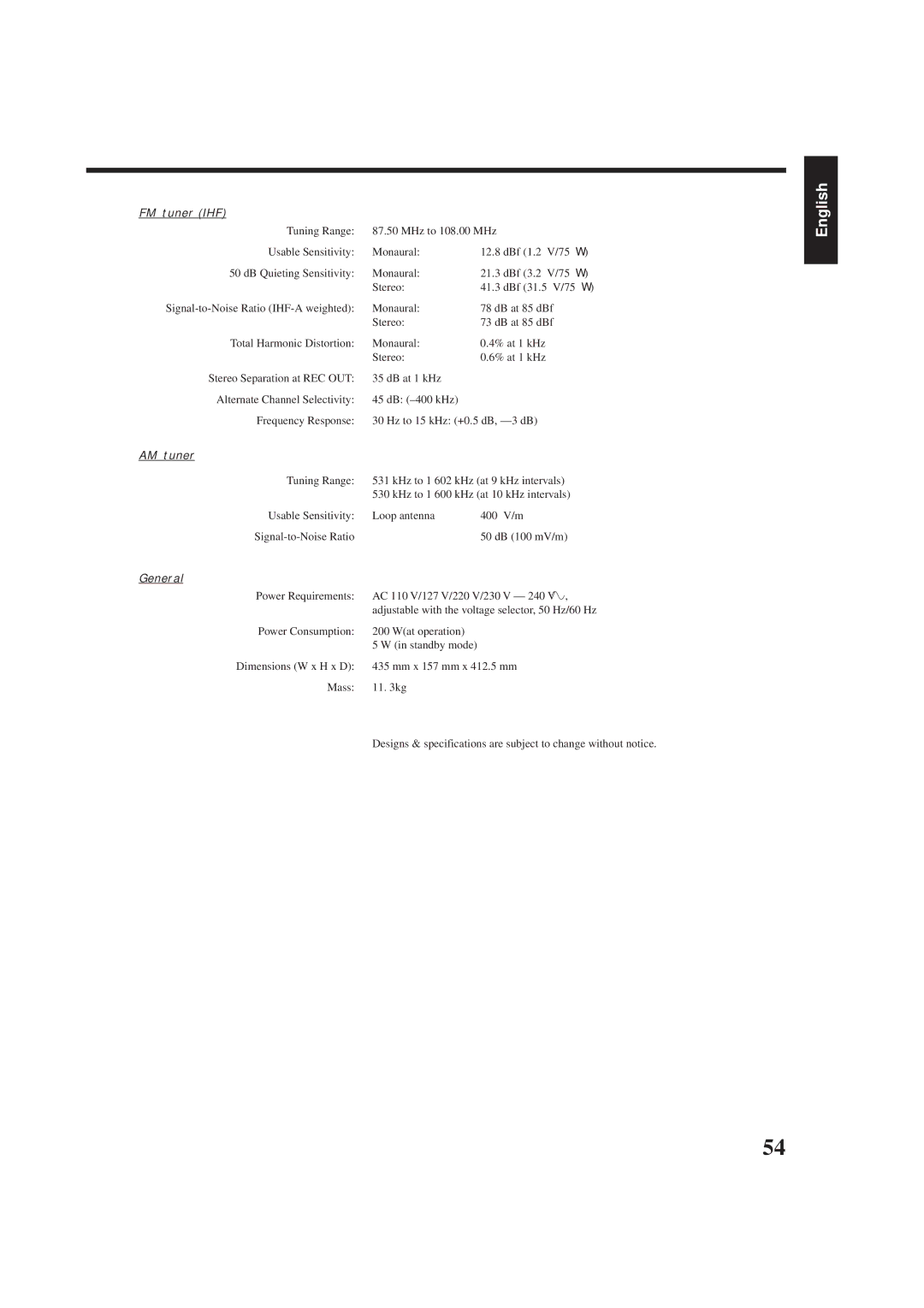 JVC RX-7001PGD manual FM tuner IHF, AM tuner, Tuning Range Usable Sensitivity Signal-to-Noise Ratio, General 