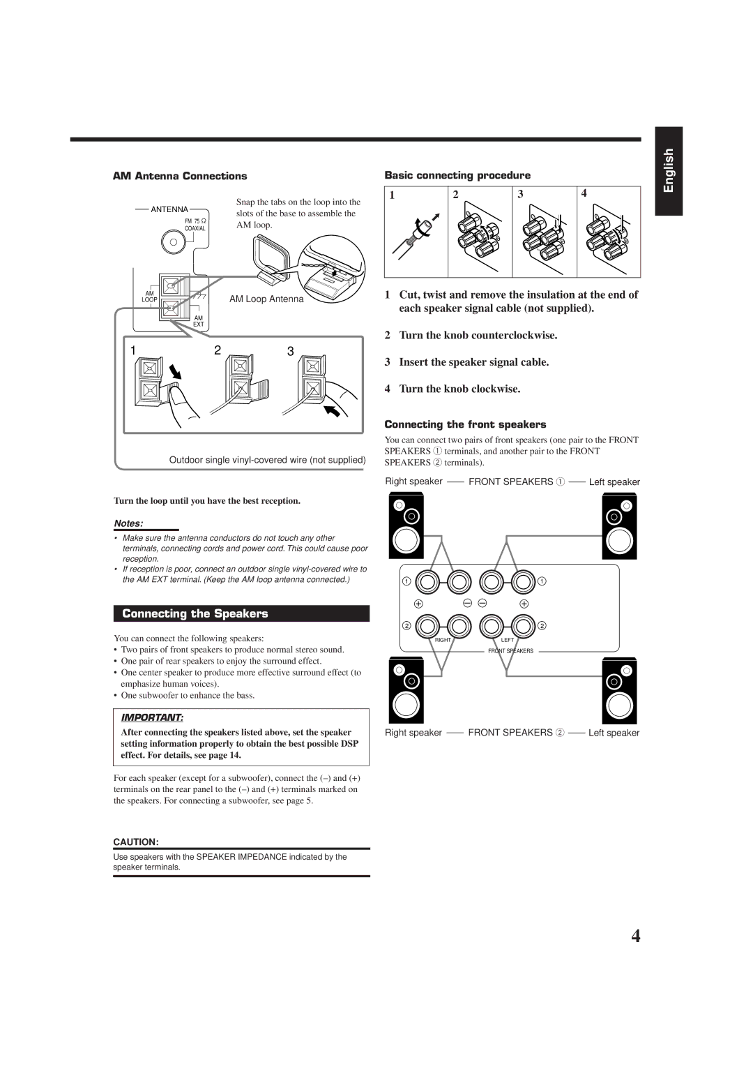 JVC RX-7001PGD Connecting the Speakers, AM Antenna Connections, Basic connecting procedure, Connecting the front speakers 