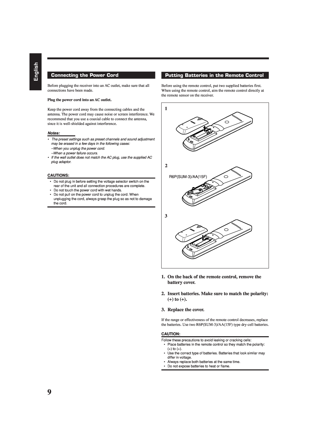 JVC RX-7001PGD manual English, Connecting the Power Cord, Putting Batteries in the Remote Control, Cautions 