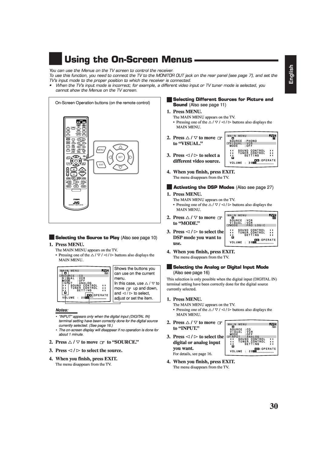 JVC RX-7001PGD manual Using the On-ScreenMenus, English 