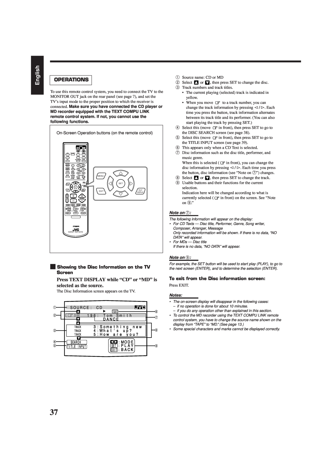JVC RX-7001PGD manual English, Operations, Showing the Disc Information on the TV Screen 