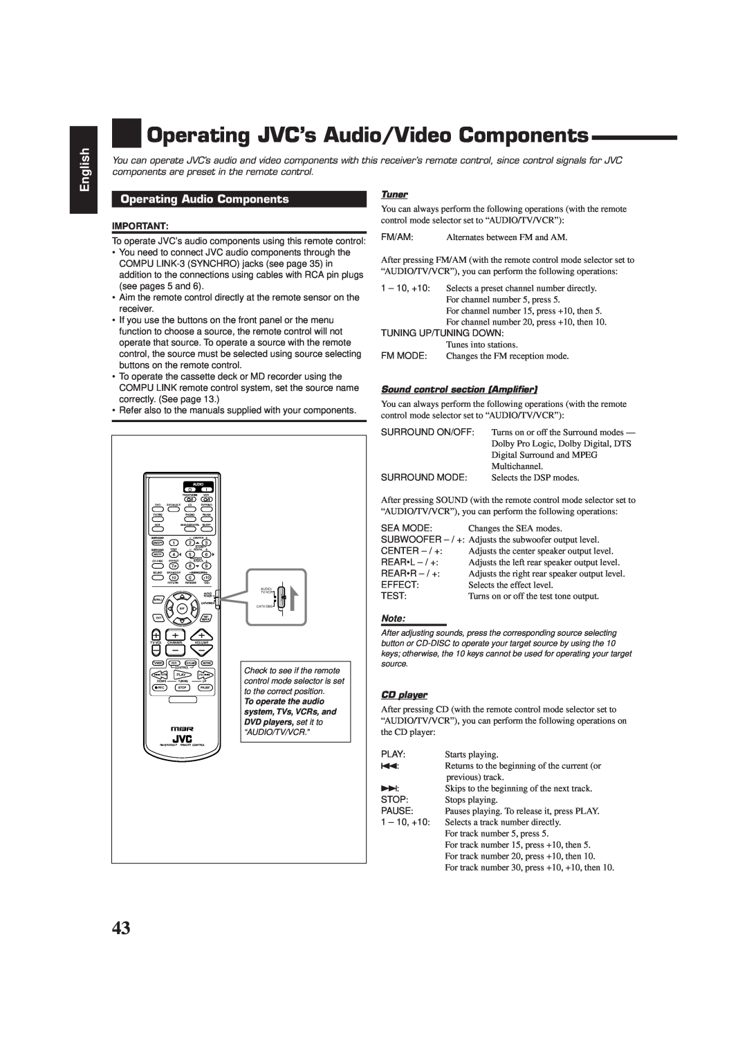 JVC RX-7001PGD manual Operating JVC’s Audio/Video Components, English, Operating Audio Components, Tuner, CD player 