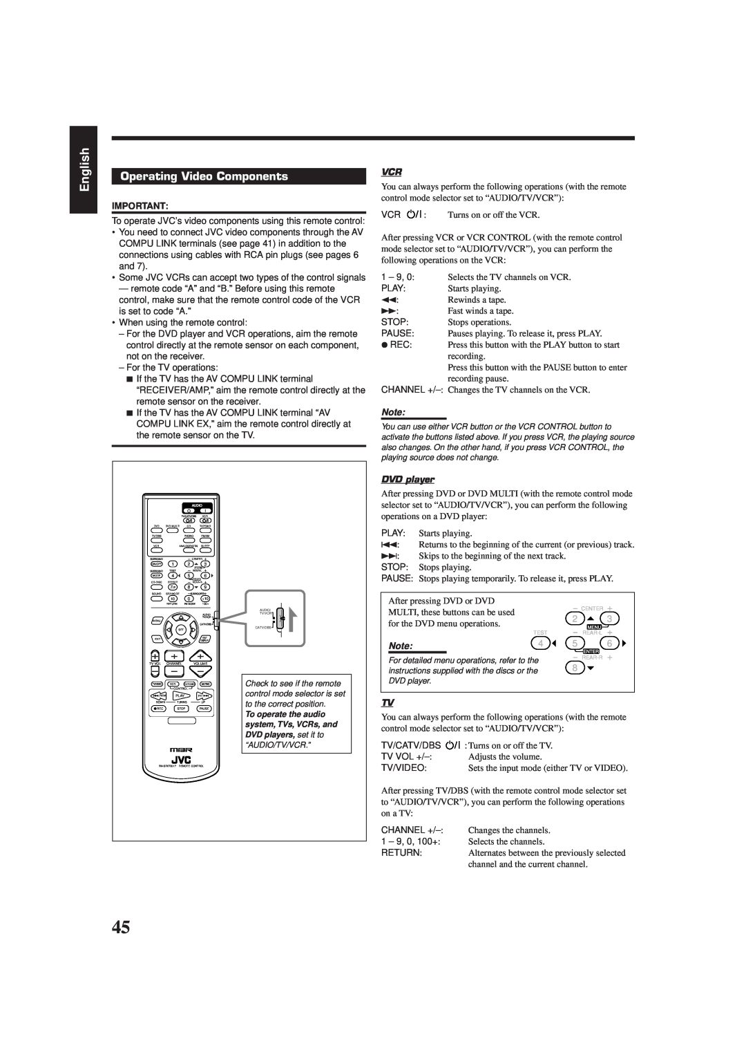 JVC RX-7001PGD manual English, Operating Video Components, DVD player, for the DVD menu operations 