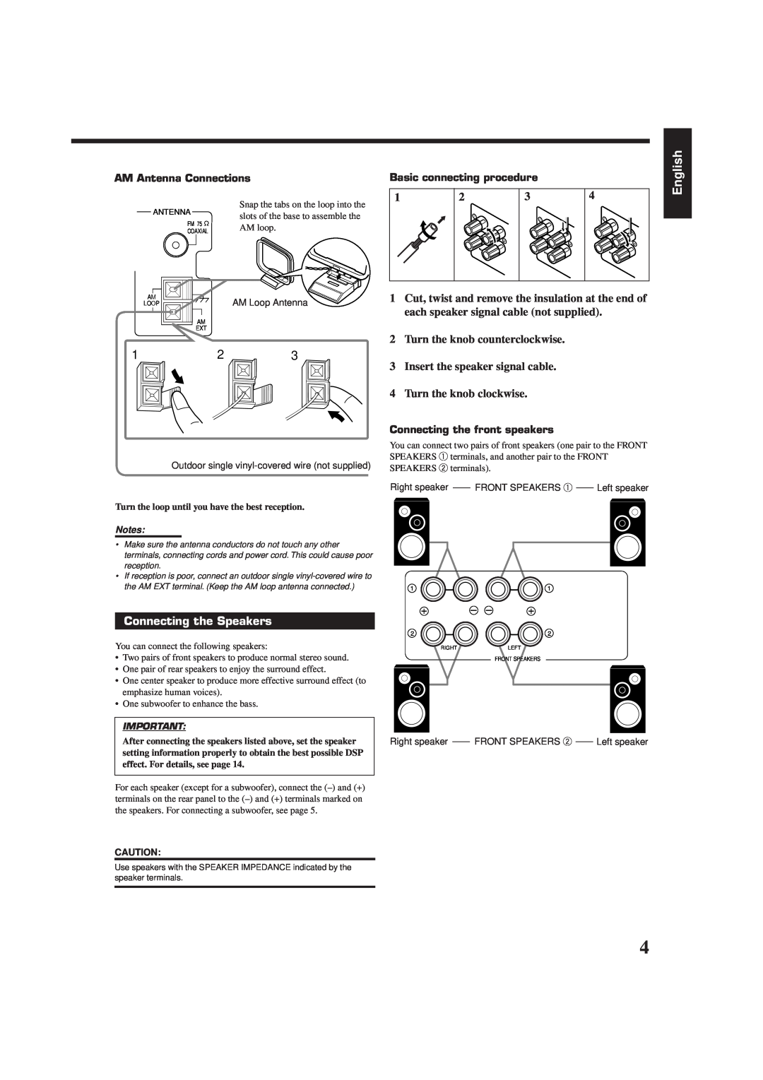 JVC RX-7001PGD manual English, Connecting the Speakers, AM Antenna Connections, Basic connecting procedure 