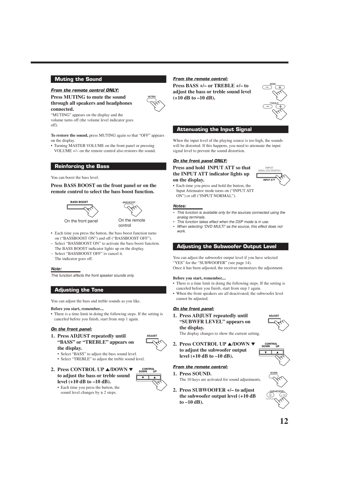 JVC RX-7012RSL, RX-7010RBK manual Muting the Sound, Attenuating the Input Signal, Reinforcing the Bass, Adjusting the Tone 