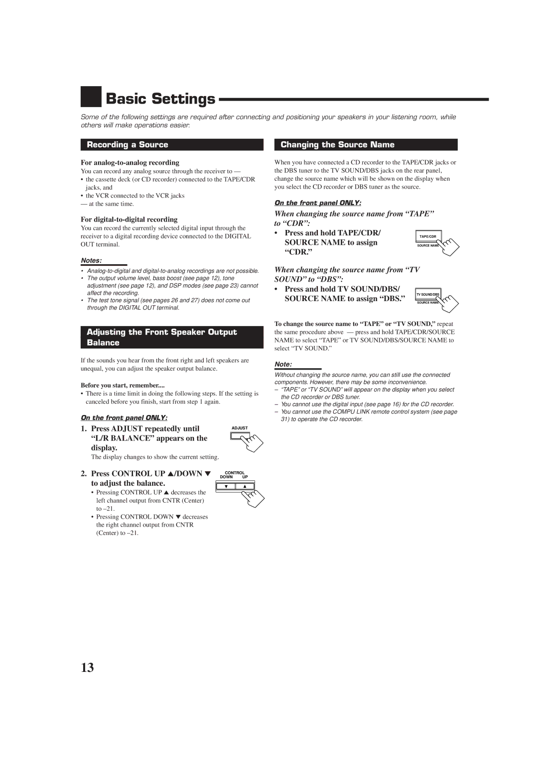 JVC RX-7010RBK Basic Settings, Recording a Source, Changing the Source Name, Adjusting the Front Speaker Output Balance 