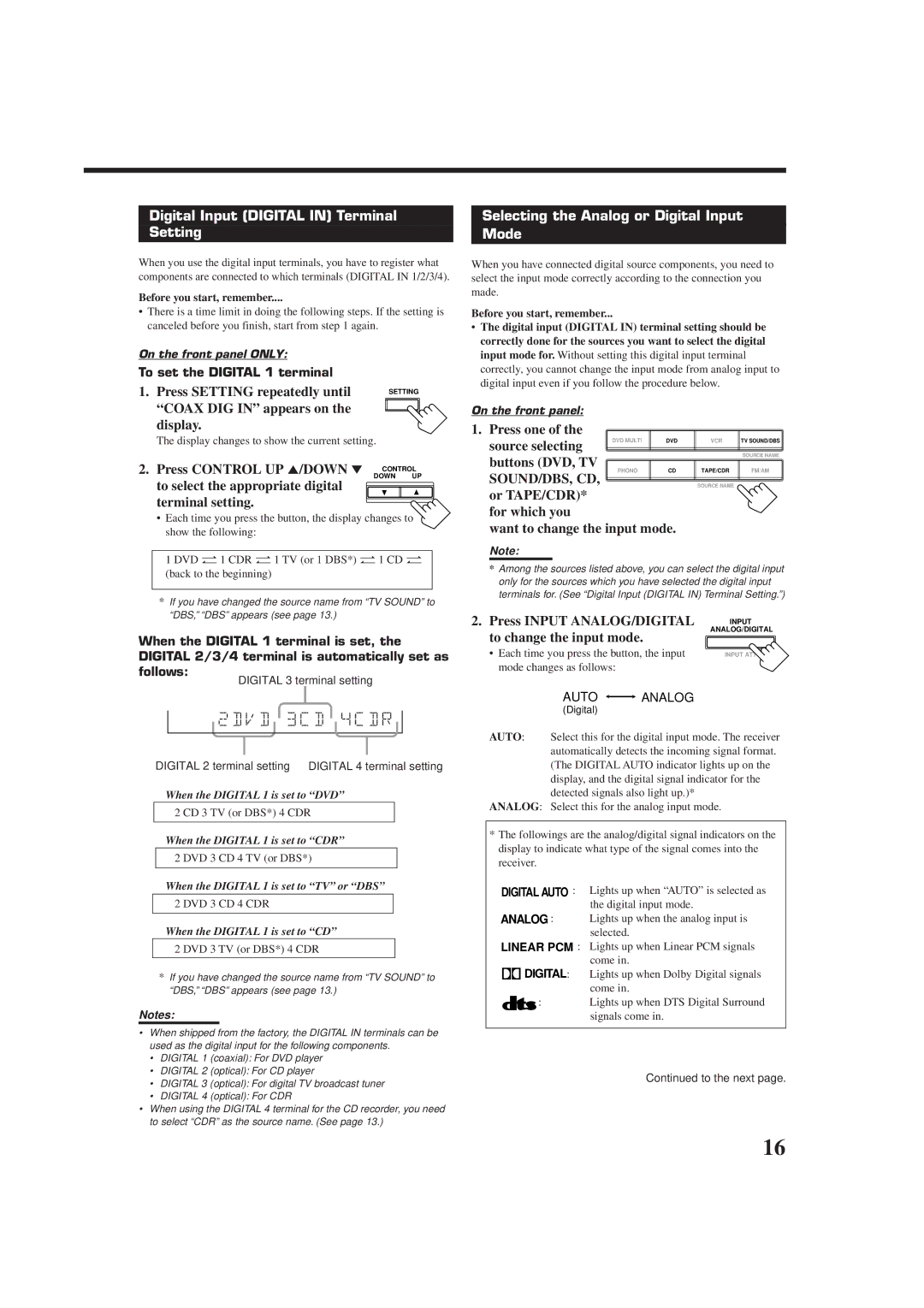 JVC RX-7012RSL, RX-7010RBK manual Digital Input Digital in Terminal Setting, Selecting the Analog or Digital Input Mode 