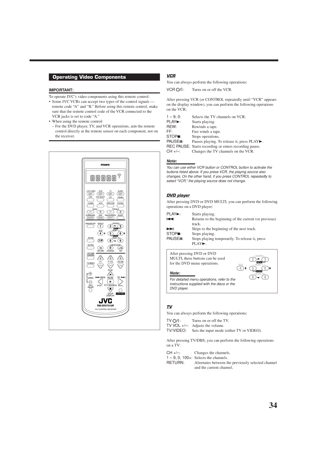 JVC RX-7012RSL, RX-7010RBK manual Operating Video Components, DVD player 