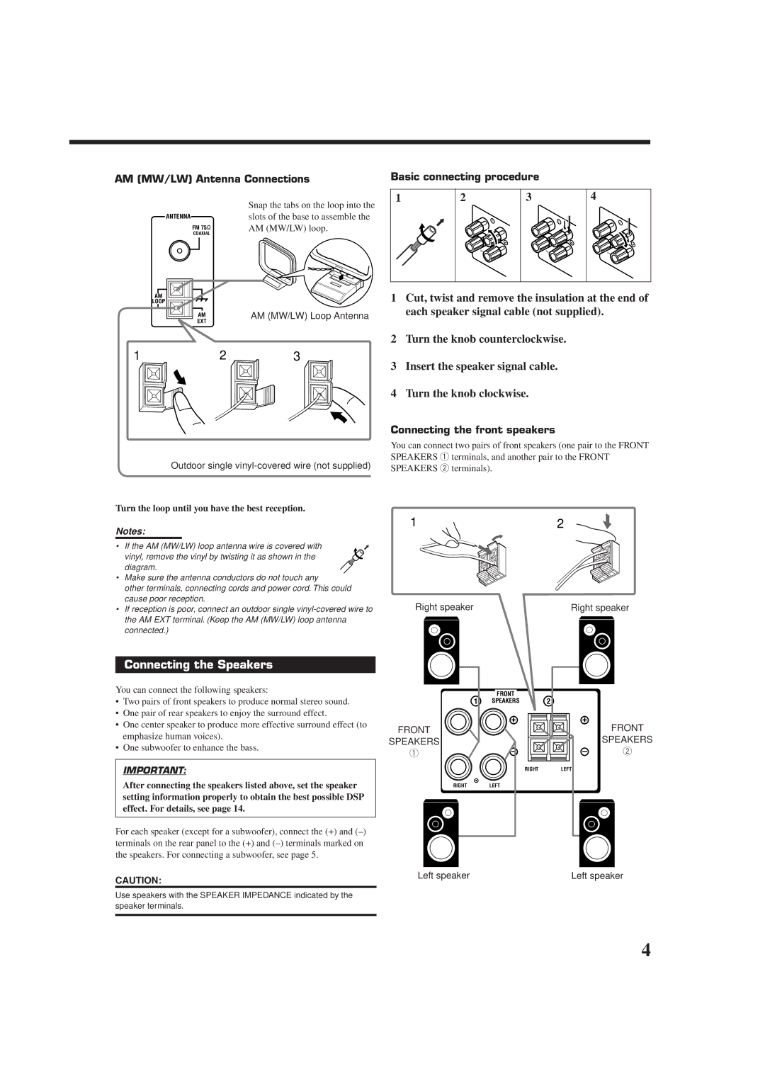 JVC RX-7012RSL Connecting the Speakers, AM MW/LW Antenna Connections, Basic connecting procedure, AM MW/LW Loop Antenna 