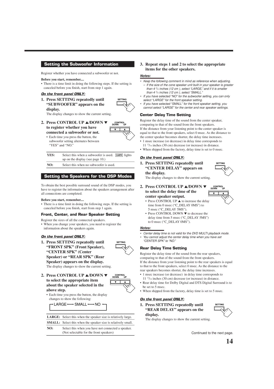 JVC RX-7010VBK manual Setting the Subwoofer Information, Setting the Speakers for the DSP Modes 