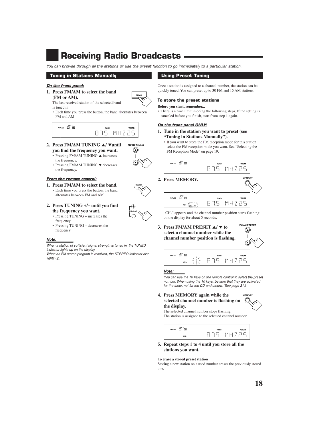 JVC RX-7010VBK manual Receiving Radio Broadcasts, Tuning in Stations Manually, Using Preset Tuning 