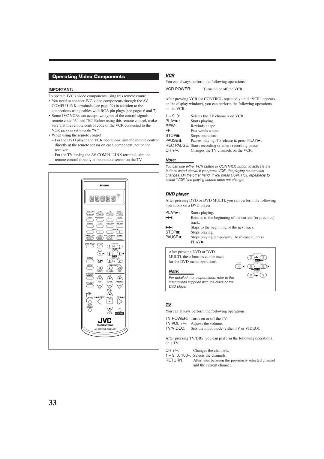 JVC RX-7010VBK manual Operating Video Components, DVD player, Stops playing temporarily. To release it, press, PLAY3 