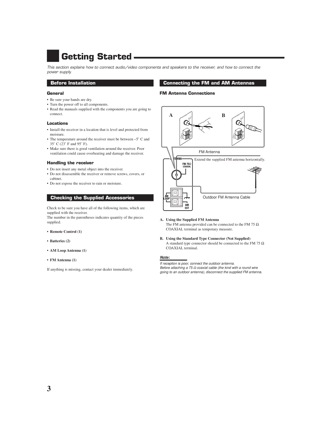 JVC RX-7010VBK Getting Started, Before Installation, Connecting the FM and AM Antennas, Checking the Supplied Accessories 