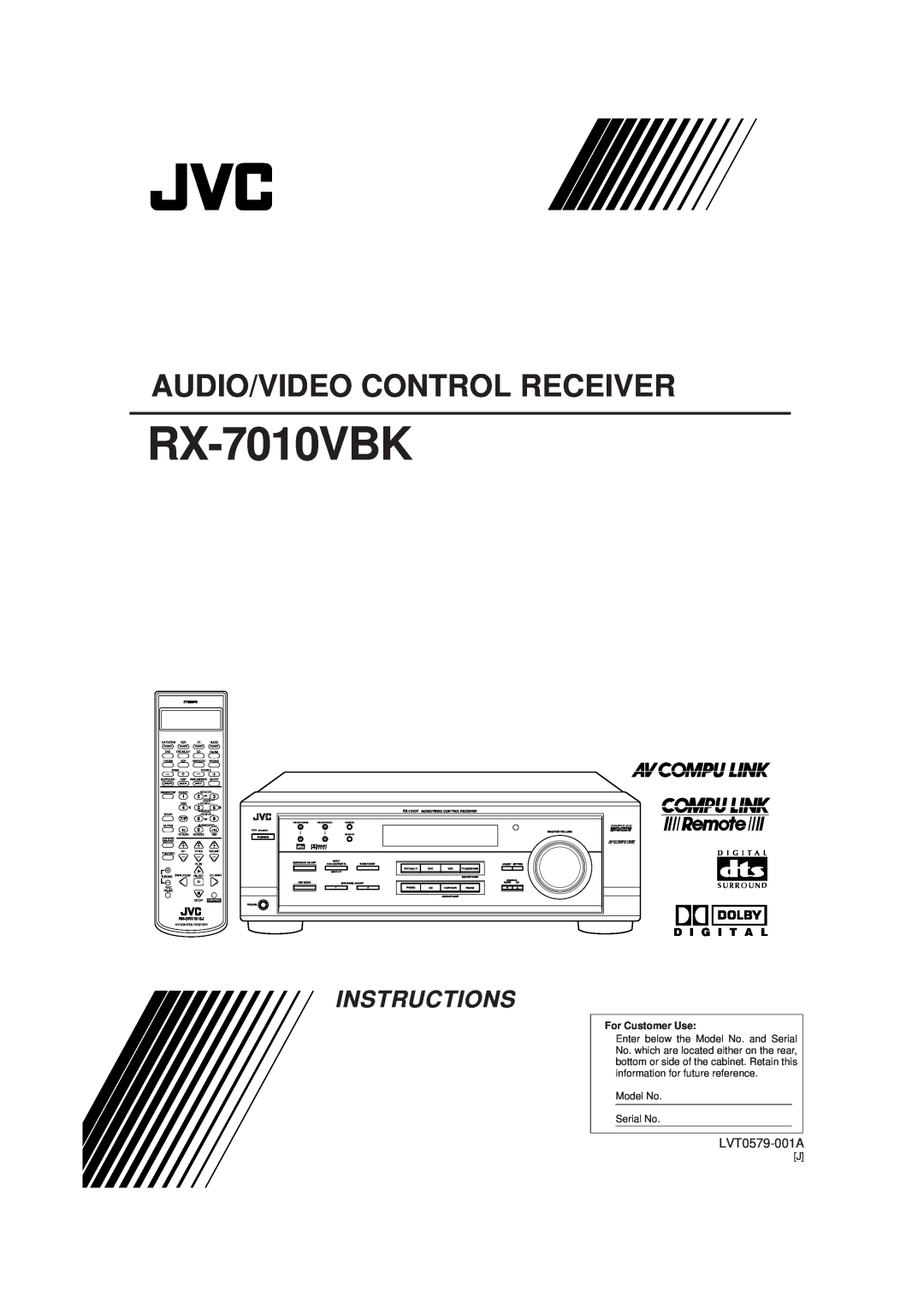 JVC RX-7010VBK manual Audio/Video Control Receiver, Instructions, LVT0579-001A, D I G I T A L, For Customer Use, Menu 