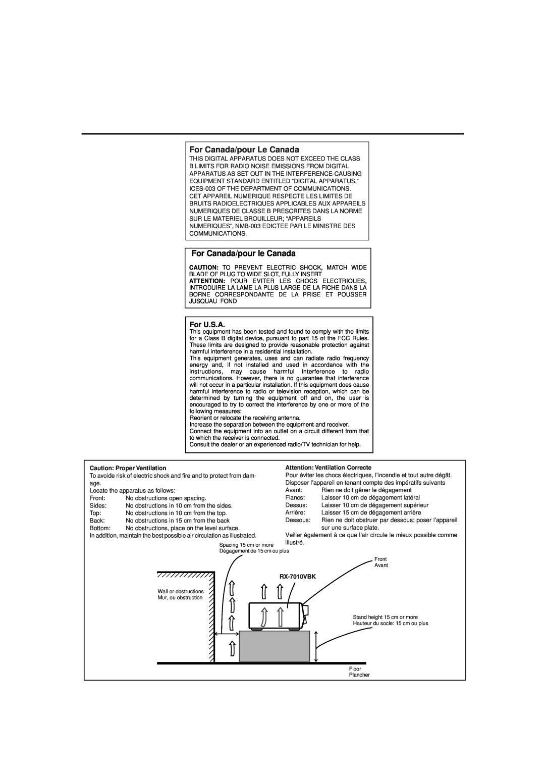 JVC RX-7010VBK manual For Canada/pour Le Canada, For Canada/pour le Canada, For U.S.A, Caution Proper Ventilation 