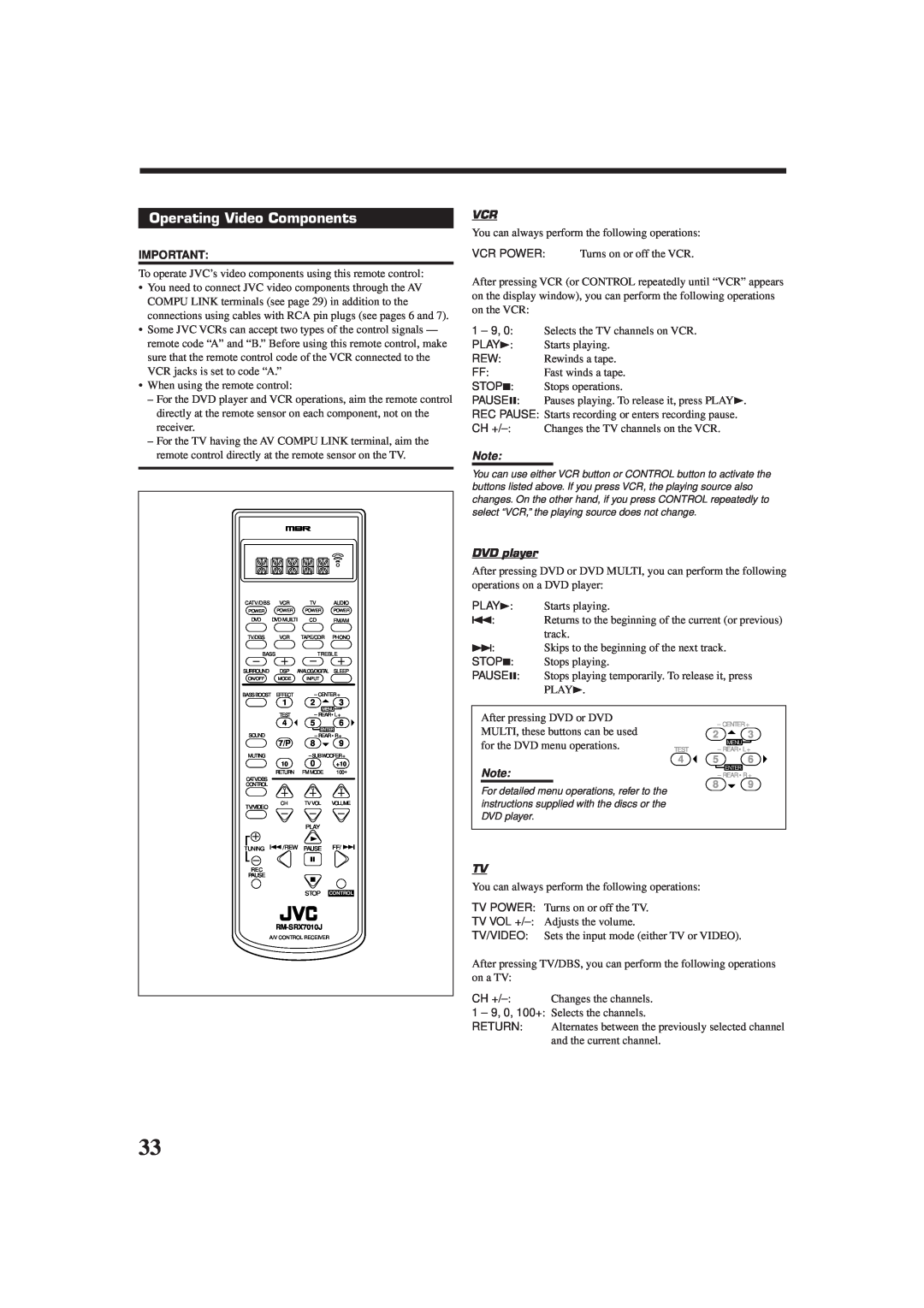JVC RX-7010VBK manual Operating Video Components, DVD player 