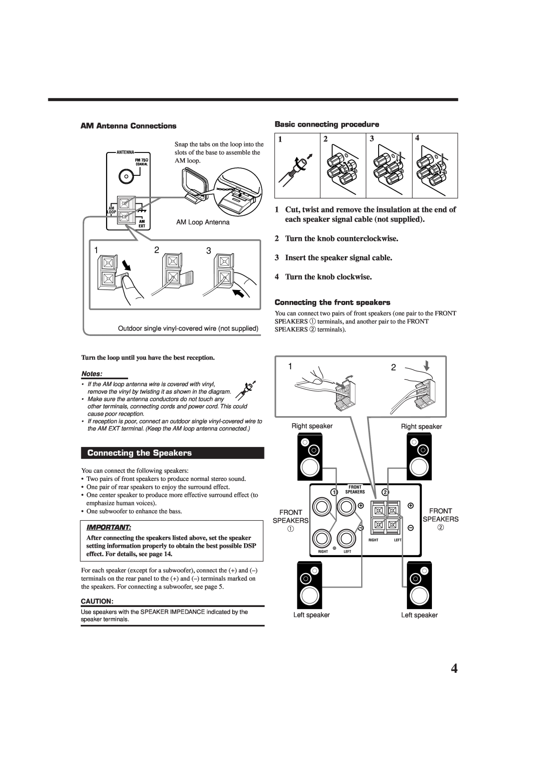 JVC RX-7010VBK manual 2Turn the knob counterclockwise, 3Insert the speaker signal cable, 4Turn the knob clockwise 