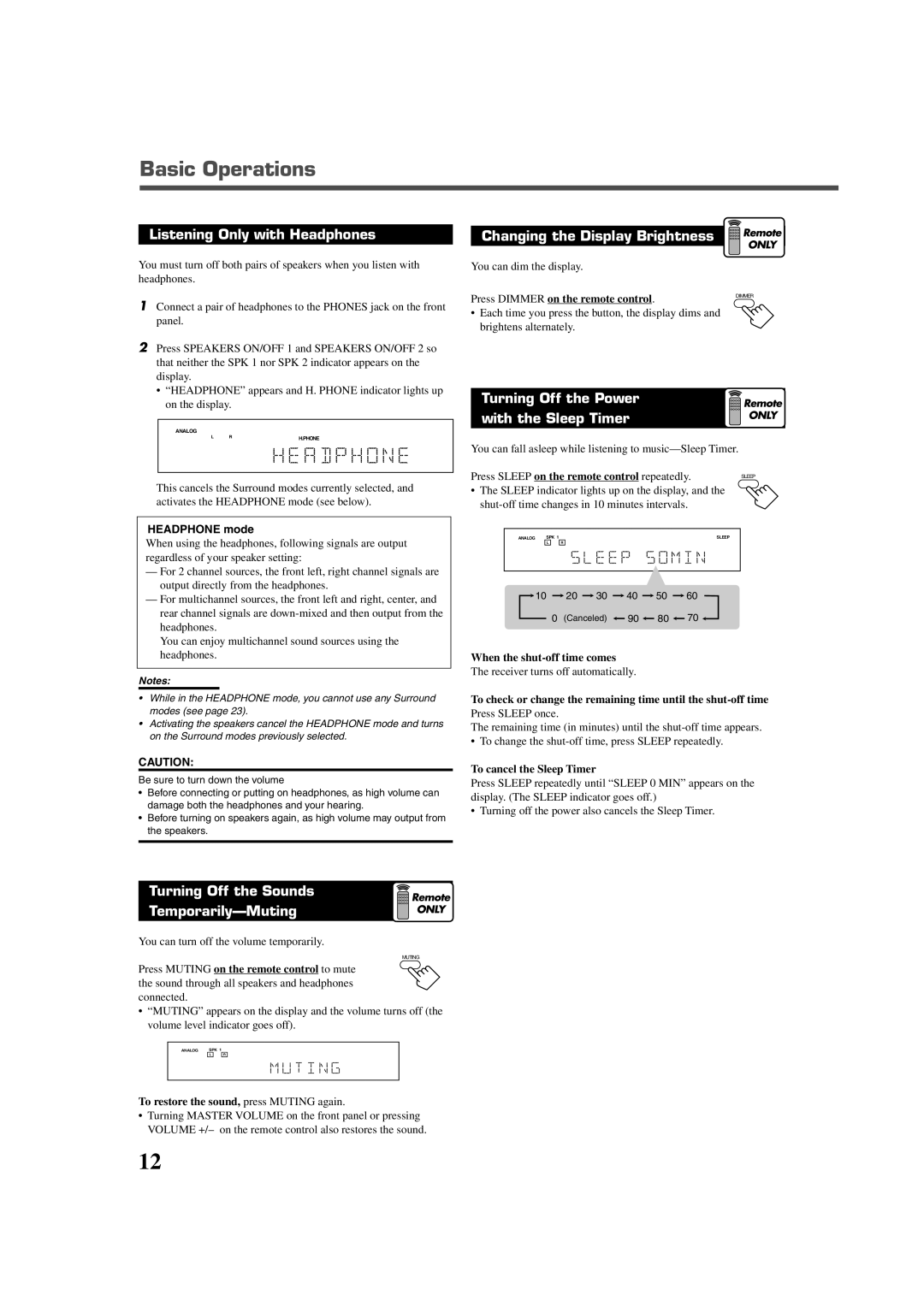 JVC RX-7020VBK manual Basic Operations, Listening Only with Headphones, Changing the Display Brightness 