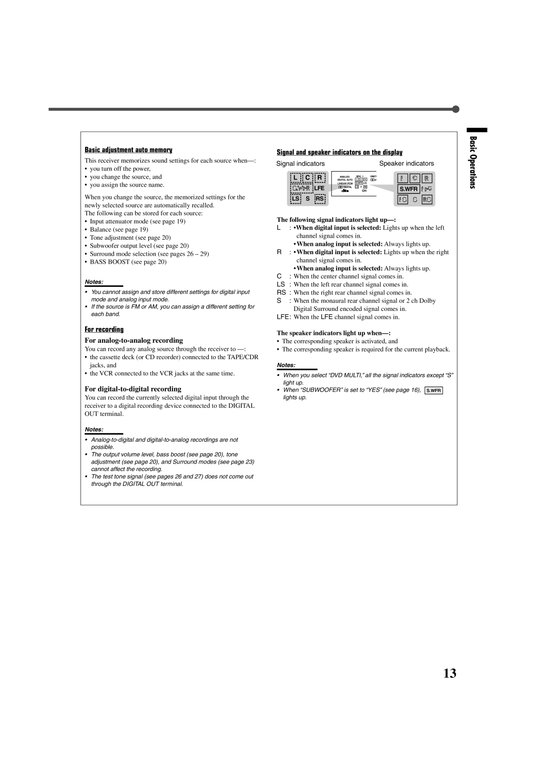 JVC RX-7020VBK manual Basic adjustment auto memory, For recording, Signal and speaker indicators on the display 