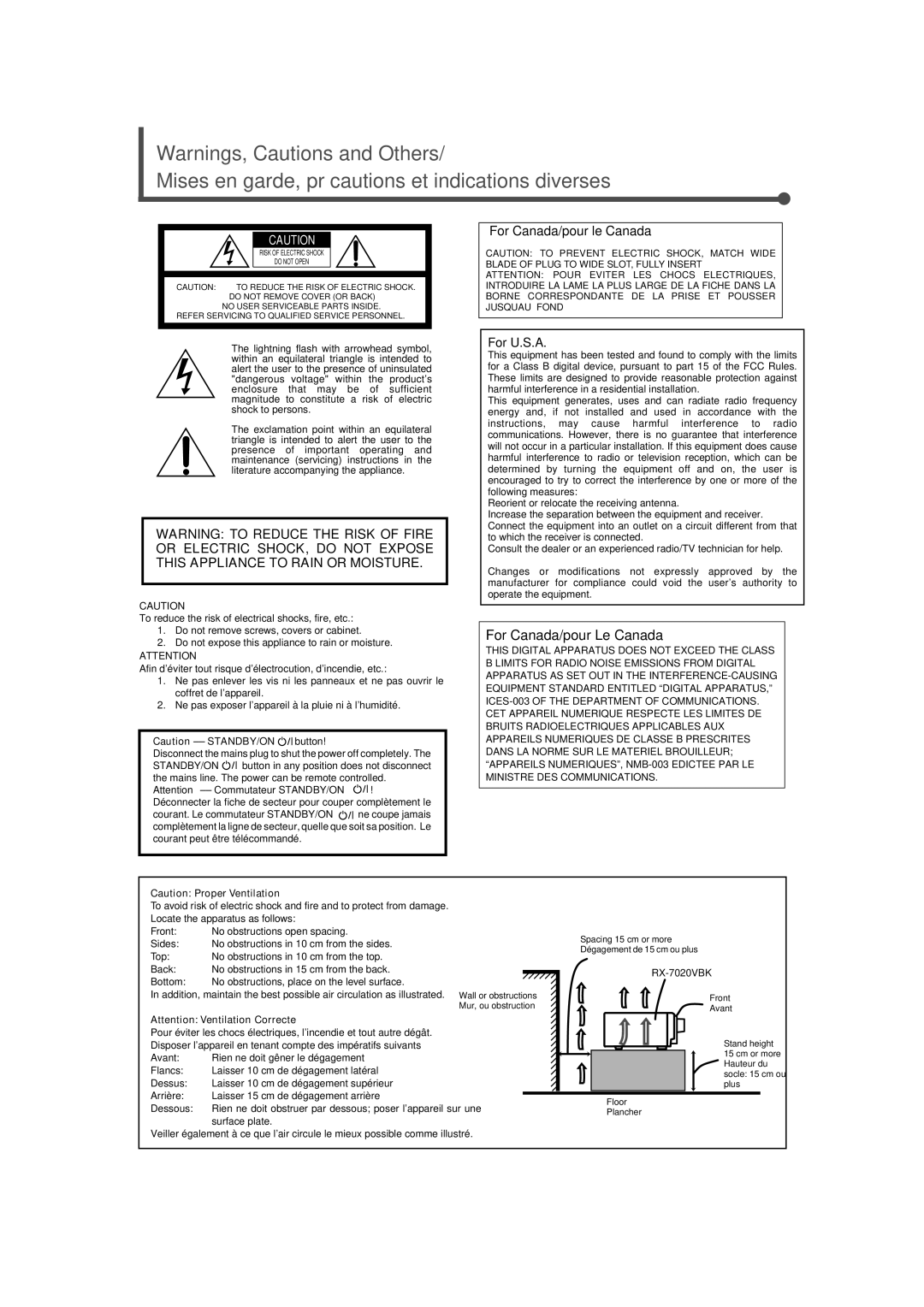 JVC RX-7020VBK manual Mises en garde, précautions et indications diverses, For Canada/pour le Canada 