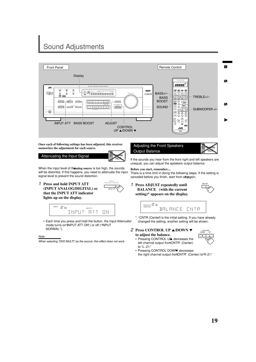 JVC RX-7020VBK manual Sound Adjustments, Adjusting the Front Speakers, Output Balance 