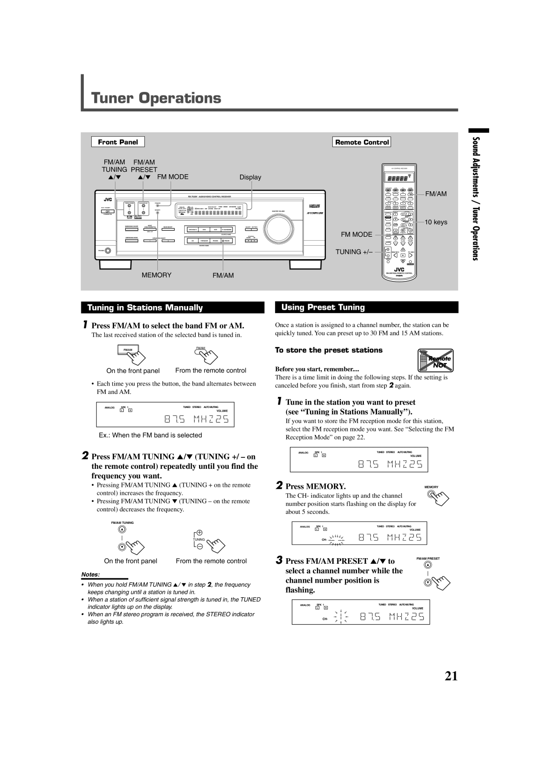 JVC RX-7020VBK Tuner Operations, Tuning in Stations Manually, Press FM/AM to select the band FM or AM, Using Preset Tuning 