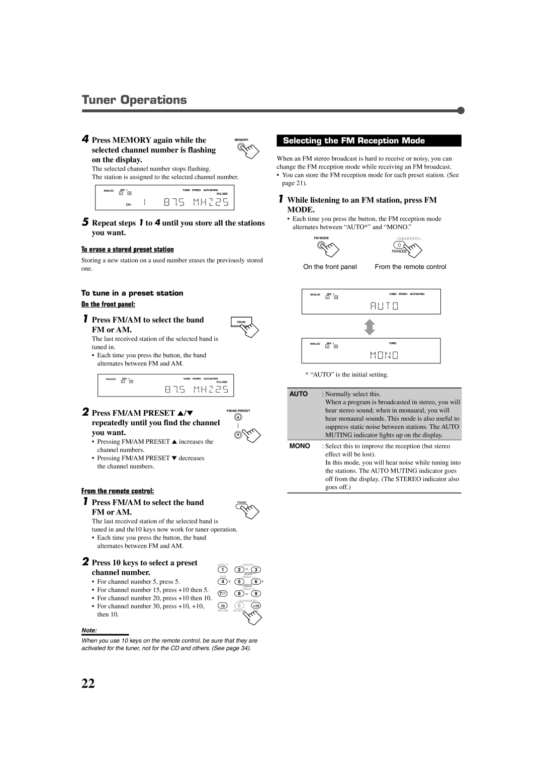 JVC RX-7020VBK manual Tuner Operations, Selecting the FM Reception Mode 