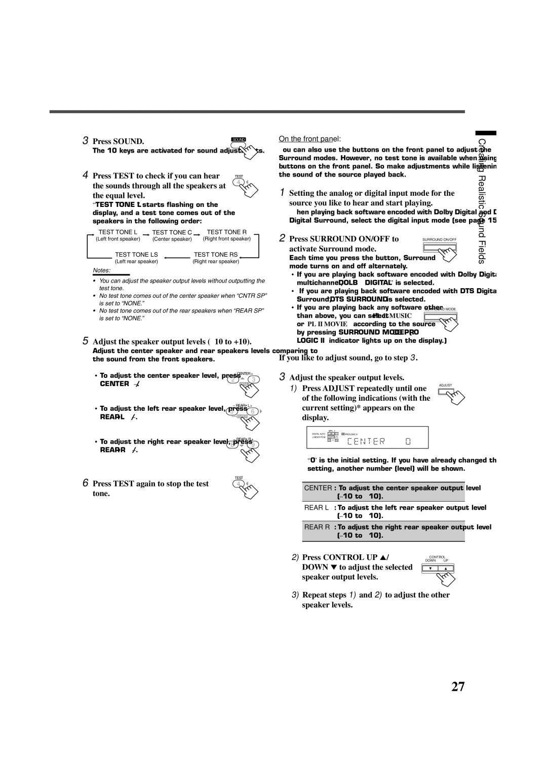 JVC RX-7020VBK manual Press Test to check if you can hear, Equal level, Adjust the speaker output levels -10 to +10 