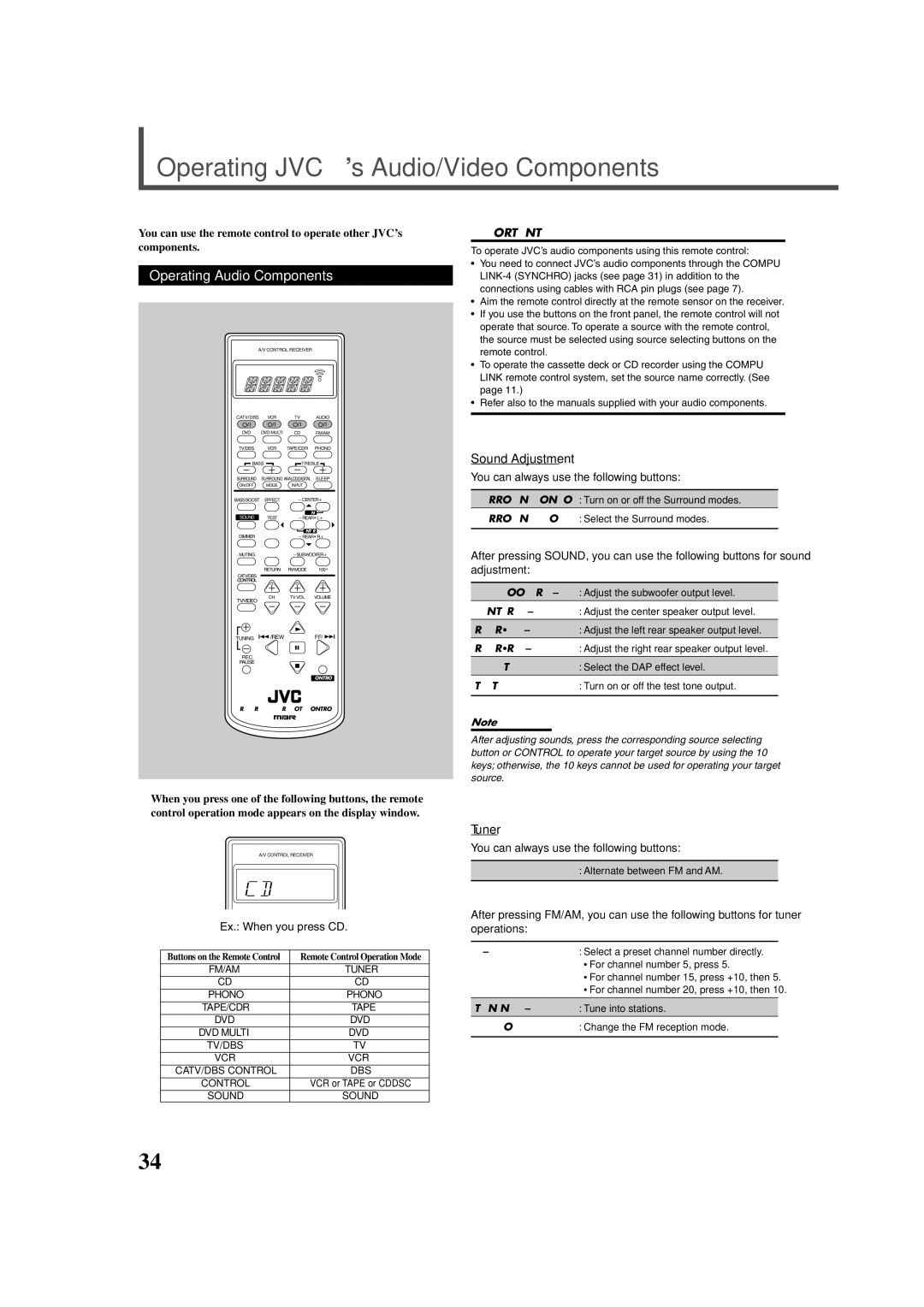 JVC RX-7020VBK manual Operating JVC’s Audio/Video Components, Operating Audio Components, Sound Adjustment, Tuner 