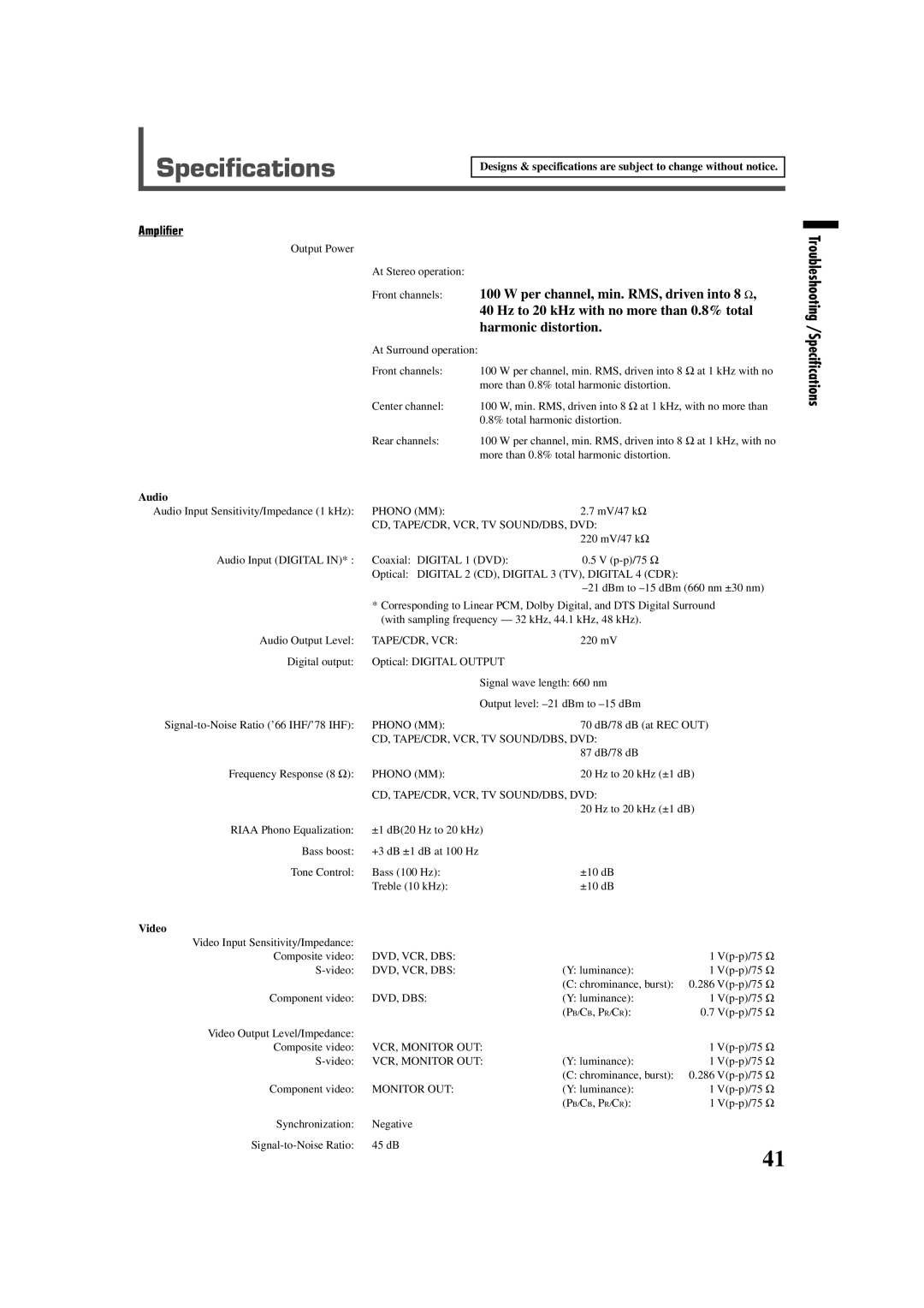 JVC RX-7020VBK manual Specifications, Per channel, min. RMS, driven into 8 Ω, Hz to 20 kHz with no more than 0.8% total 