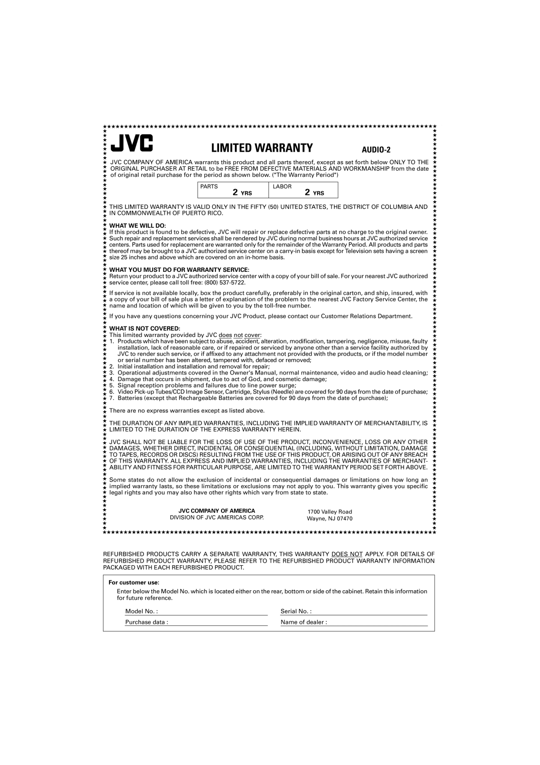 JVC RX-7020VBK manual Limited Warranty 