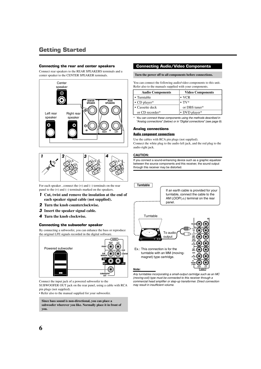 JVC RX-7020VBK manual Connecting Audio/Video Components, Connecting the rear and center speakers 