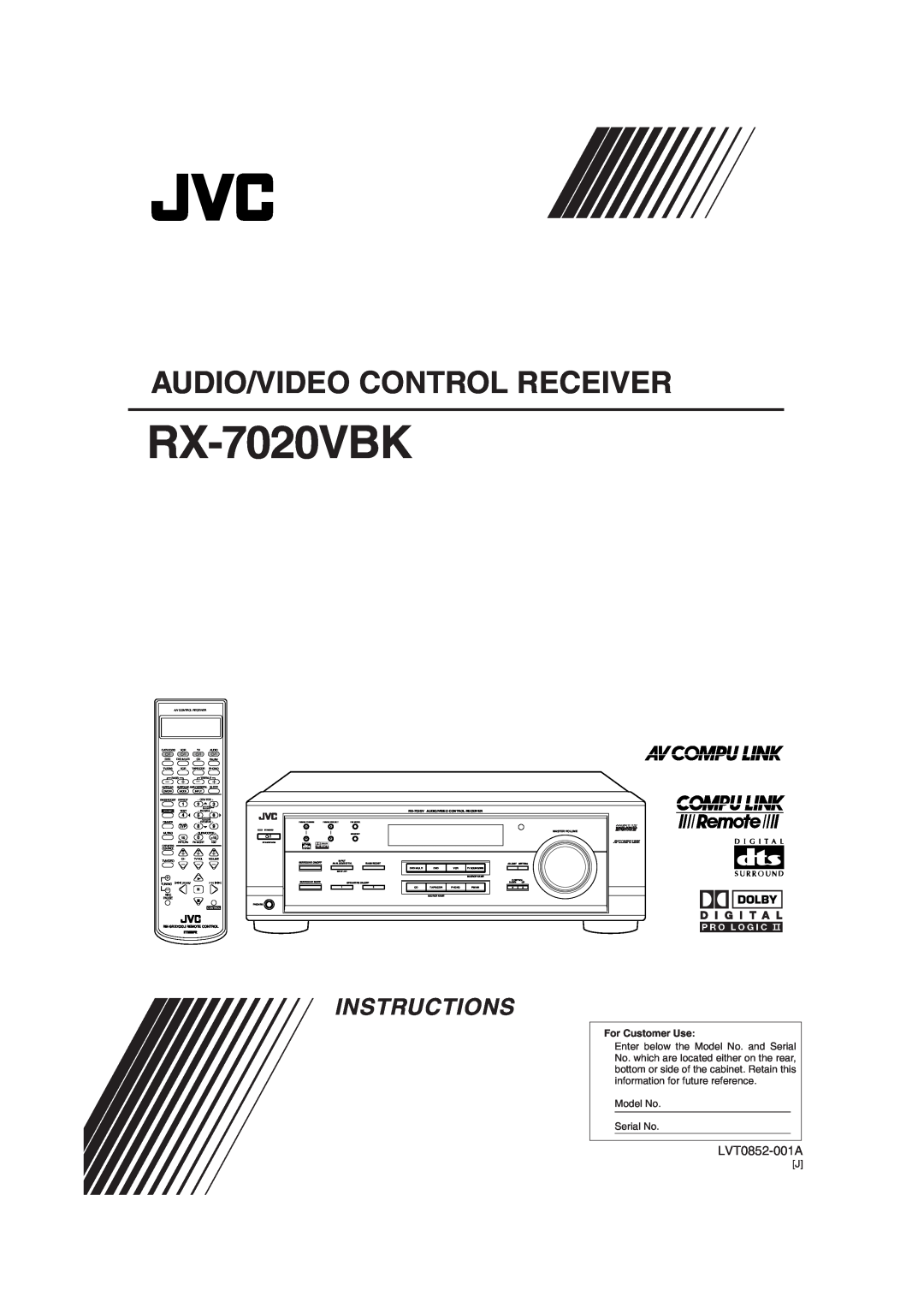 JVC RX-7020VBK manual Audio/Video Control Receiver, Instructions, LVT0852-001A, For Customer Use, COMPULINK Remote, Menu 