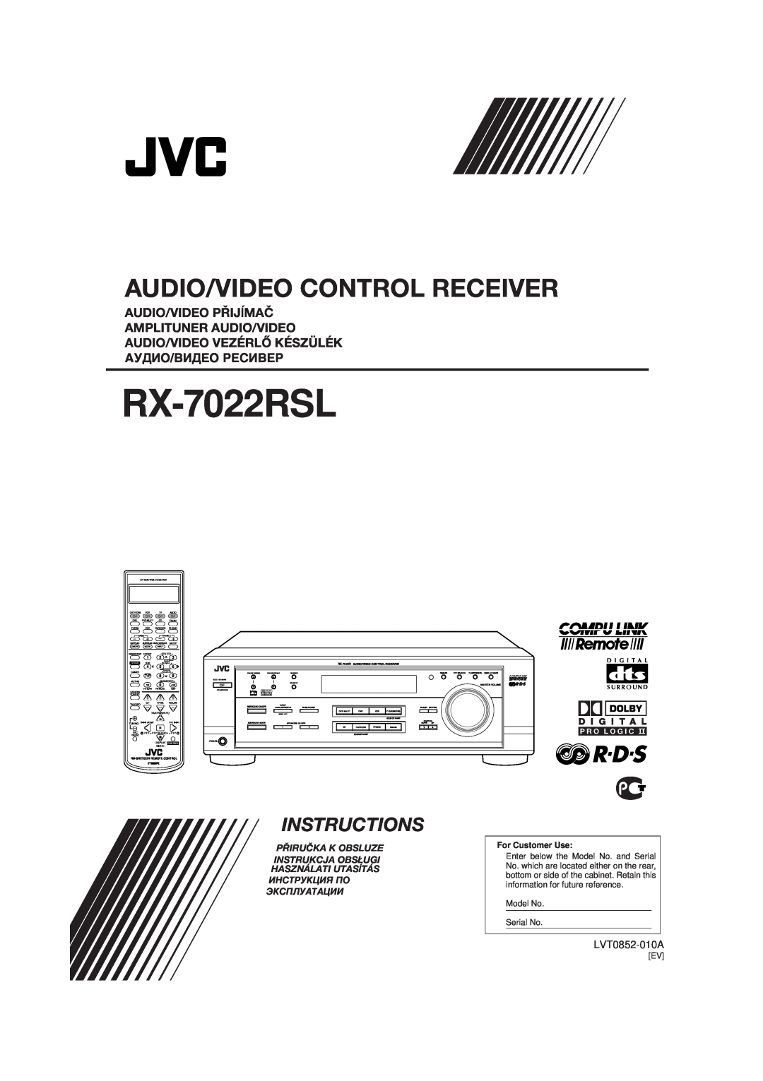 JVC RX-7022RSL manual Audio/Video Control Receiver, Instructions, AUDIO/VIDEO PŘIJĺMAČ, LVT0852-010A, For Customer Use 