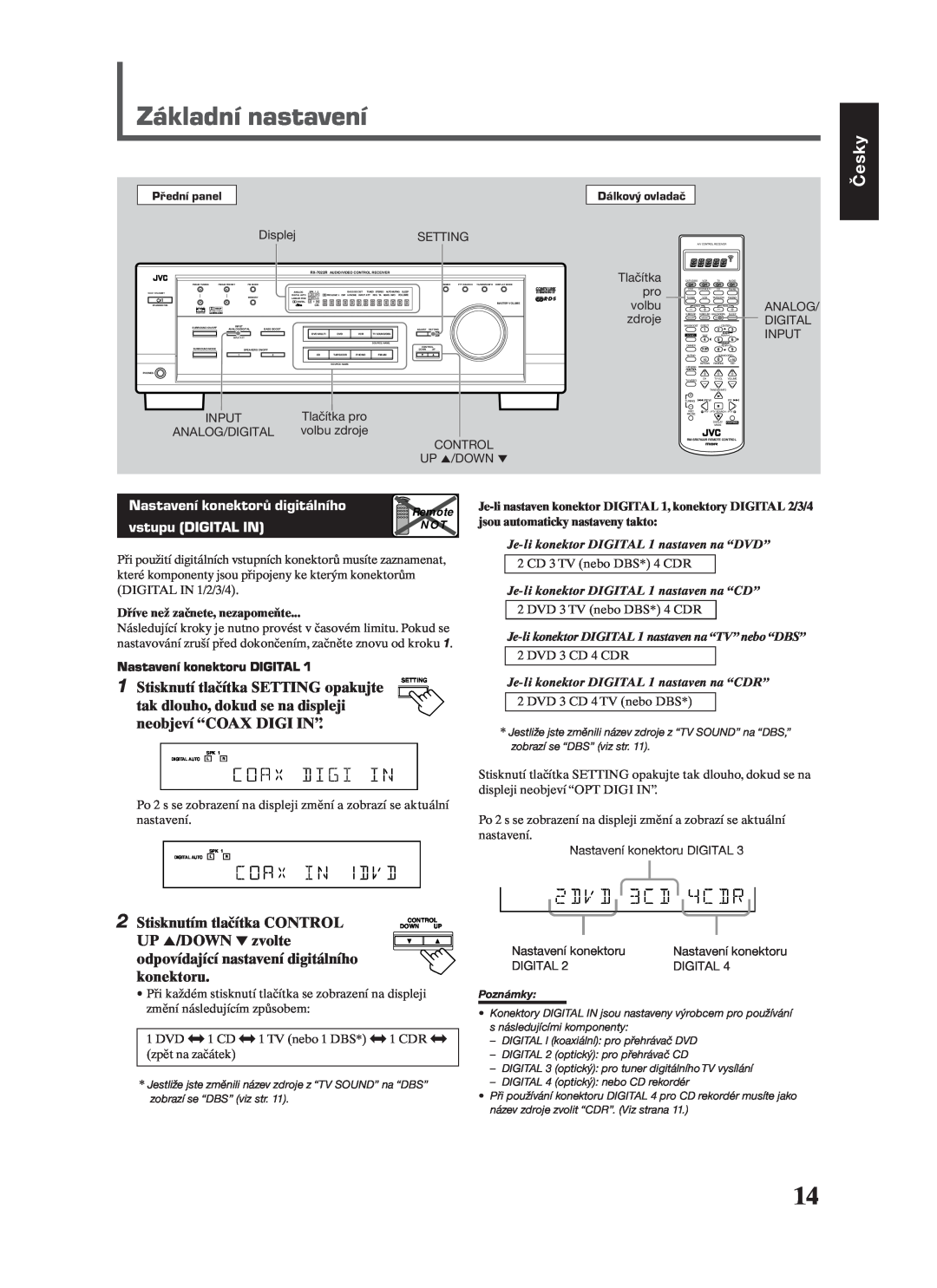 JVC RX-7022RSL manual Základní nastavení, Nastavení konektorů digitálního, vstupu DIGITAL IN, Česky 