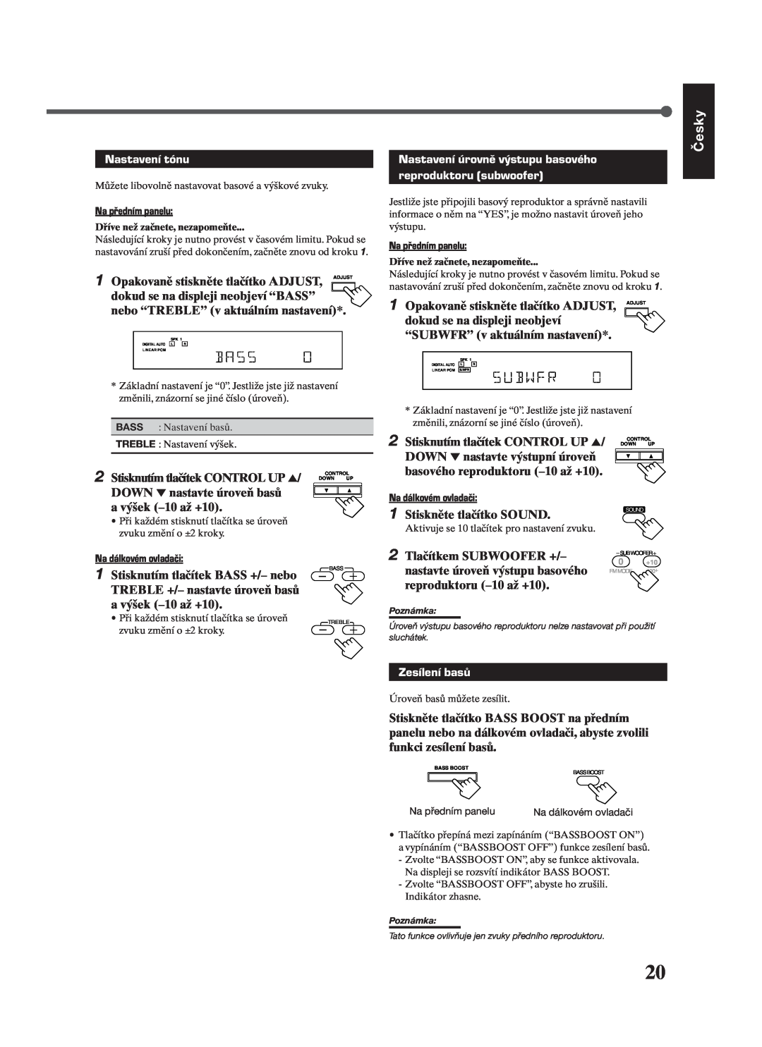 JVC RX-7022RSL manual Nastavení tónu, Nastavení úrovně výstupu basového, reproduktoru subwoofer, Zesílení basů, Česky 