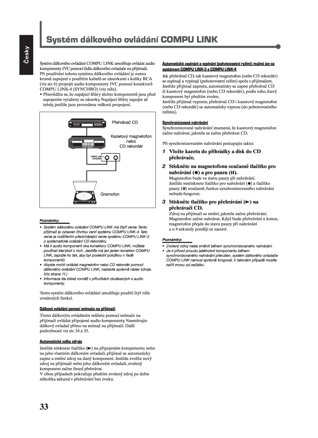 JVC RX-7022RSL manual Systém dálkového ovládání COMPU LINK, Česky, Dálkové ovládání pomocí snímače na přijímači 