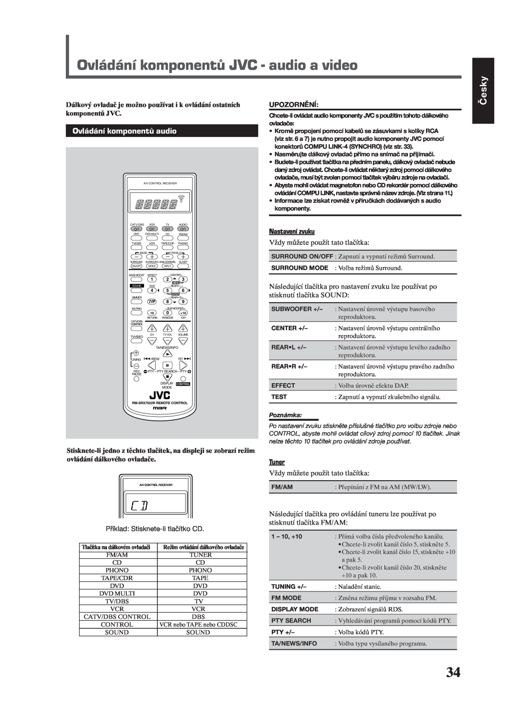 JVC RX-7022RSL manual Ovládání komponentů JVC - audio a video, Ovládání komponentů audio, Česky, Nastavení zvuku, Tuner 