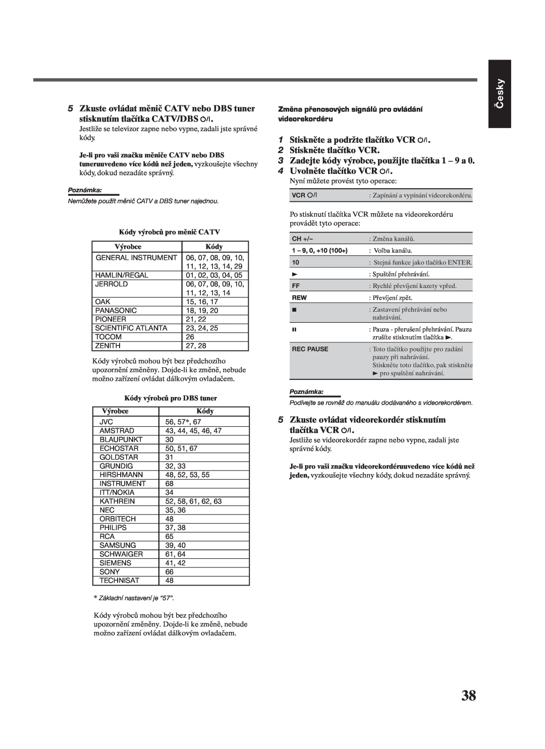 JVC RX-7022RSL manual Česky, Kódy výrobců pro měnič CATV, Výrobce, Kódy výrobců pro DBS tuner 