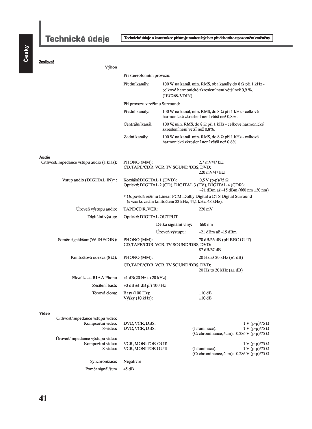 JVC RX-7022RSL manual Technické údaje, Česky, Zesilovač, Audio, Video 