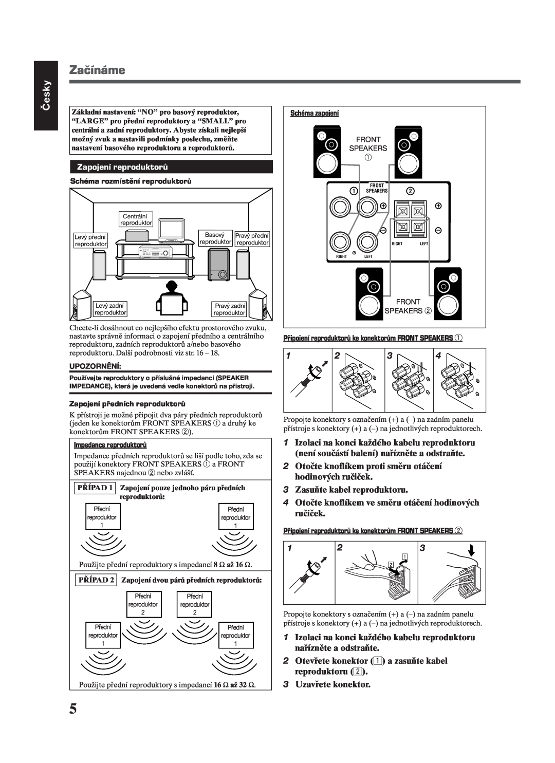 JVC RX-7022RSL manual Začínáme, Zapojení reproduktorů, Česky 