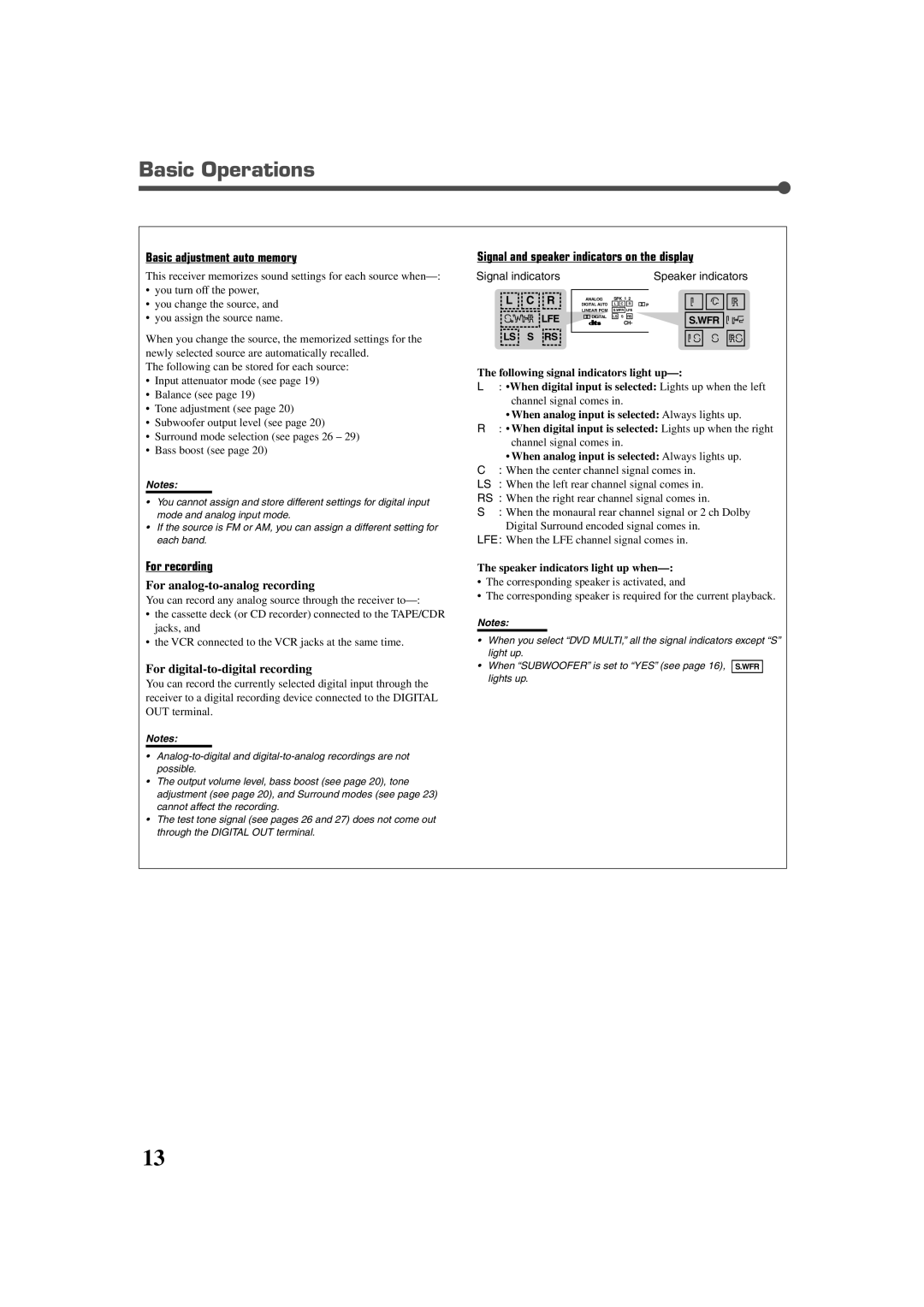 JVC RX-7022VSL manual Basic adjustment auto memory, For recording, Signal and speaker indicators on the display 