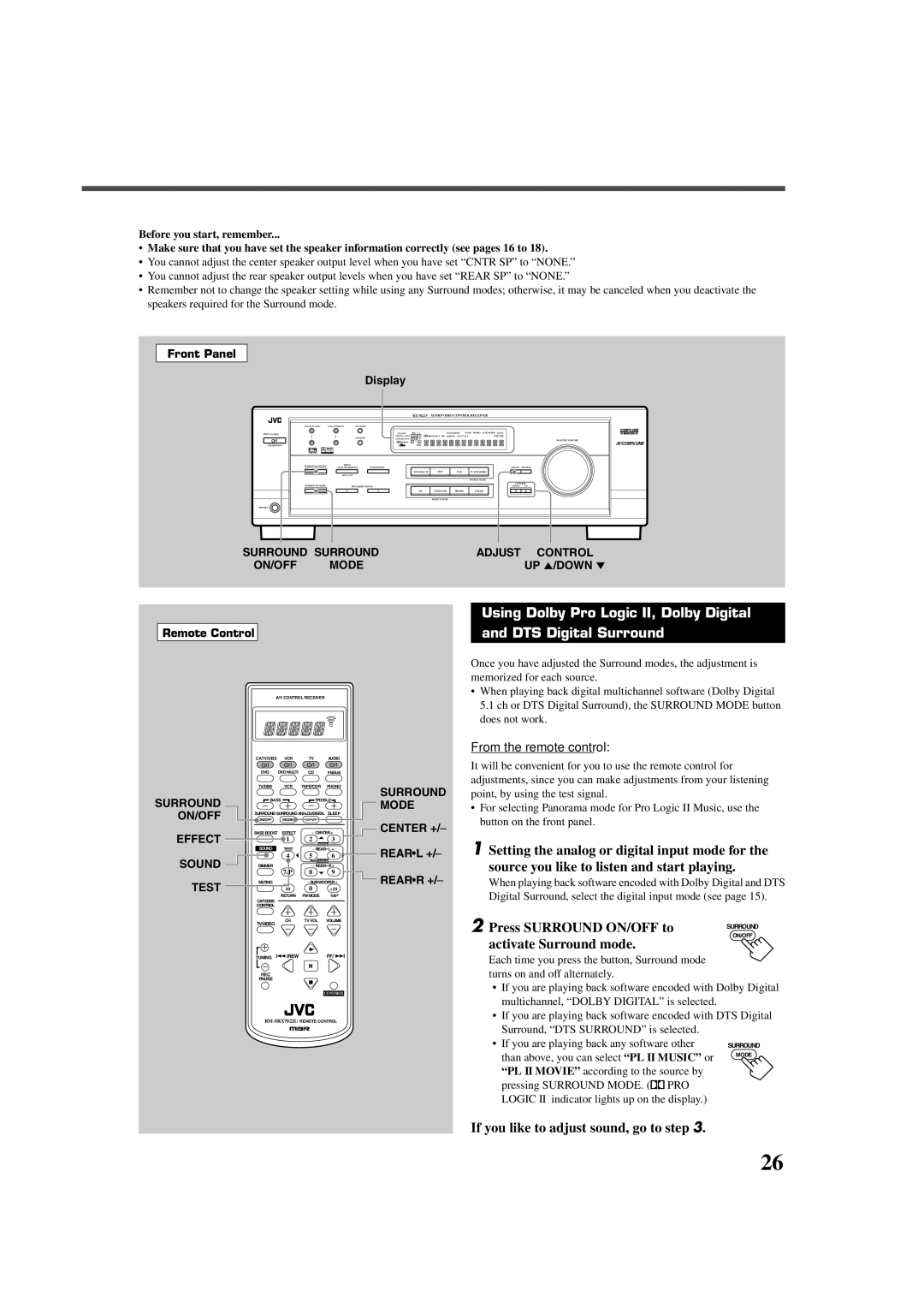 JVC RX-7022VSL manual Press Surround ON/OFF to, Activate Surround mode, If you like to adjust sound, go to step 