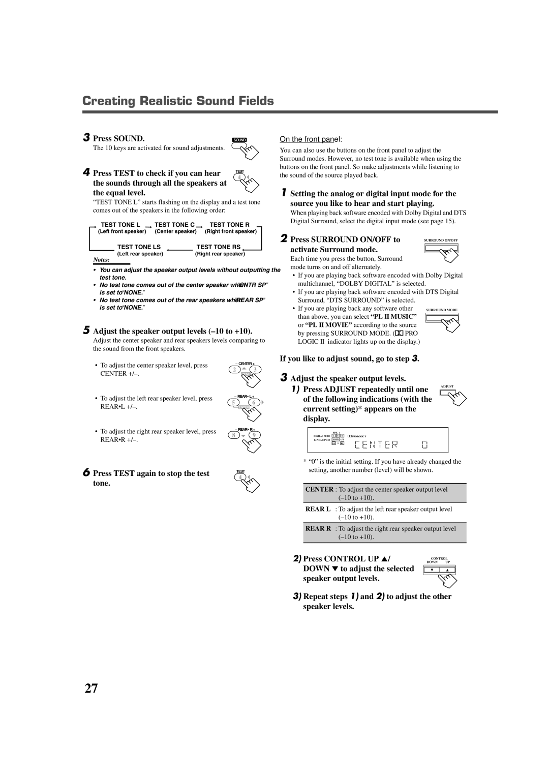 JVC RX-7022VSL manual Press Test to check if you can hear, Equal level, Adjust the speaker output levels -10 to +10, Tone 