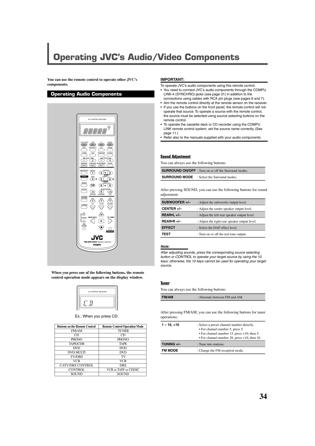 JVC RX-7022VSL manual Operating JVC’s Audio/Video Components, Operating Audio Components, Sound Adjustment, Tuner 