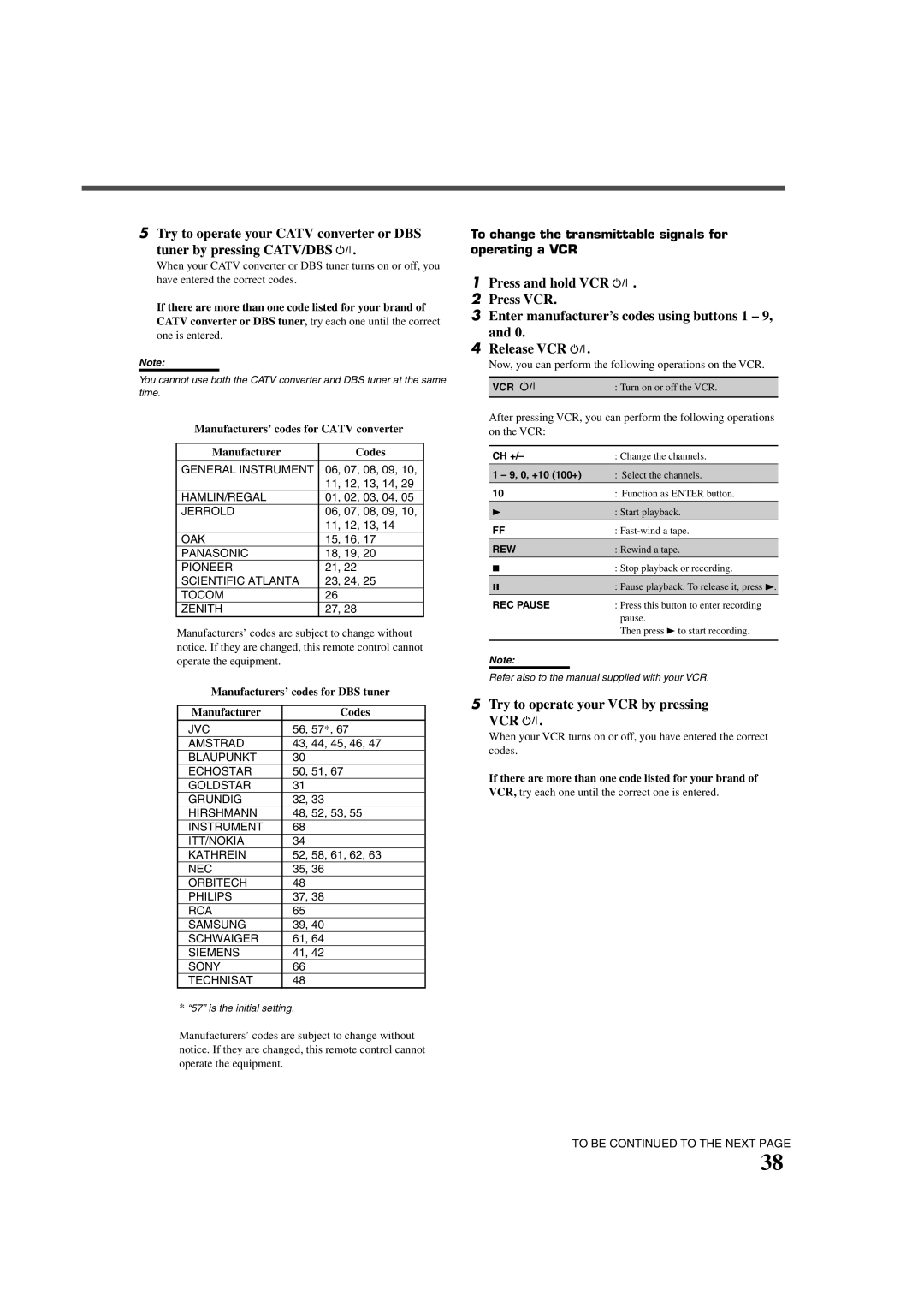 JVC RX-7022VSL manual Try to operate your VCR by pressing, To change the transmittable signals for operating a VCR 