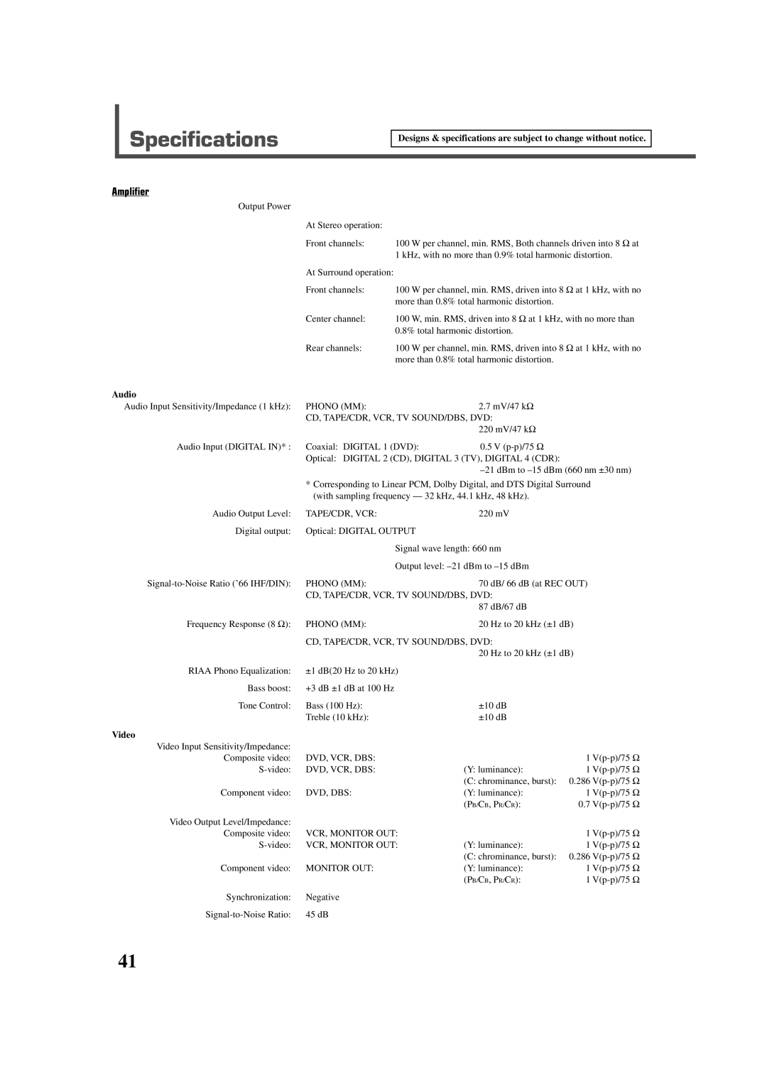 JVC RX-7022VSL manual Specifications, Amplifier 